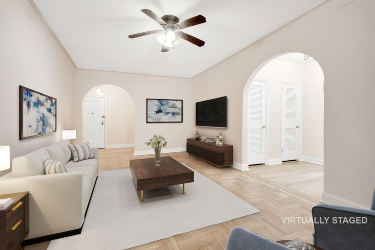 Parquet hardwood living room with prewar archways and closets, 8701 Shore Road Apt 131 one bedroom co-op Bay Ridge Brooklyn
