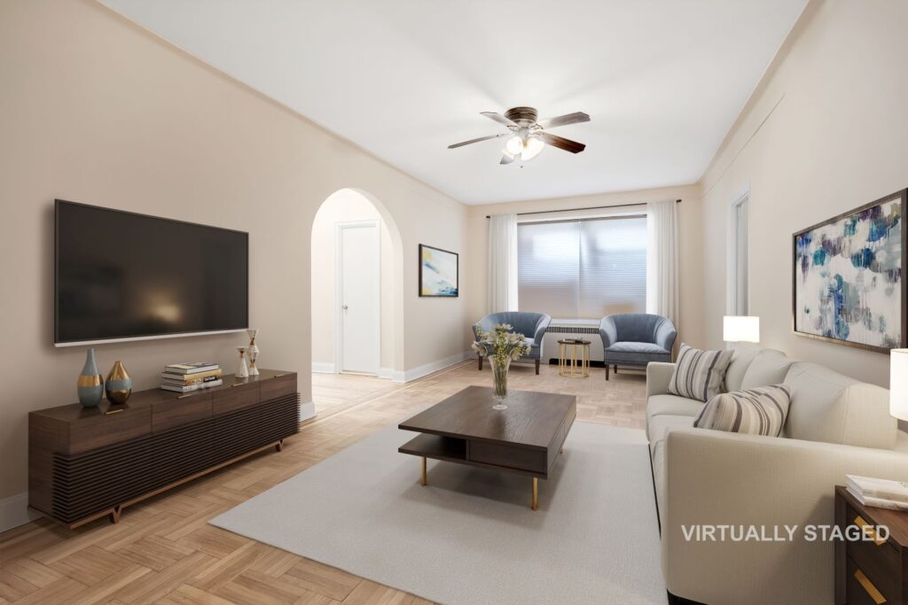 Parquet hardwood living room with prewar archway and large window, 8701 Shore Road Apt 131 one bedroom co-op Bay Ridge Brooklyn
