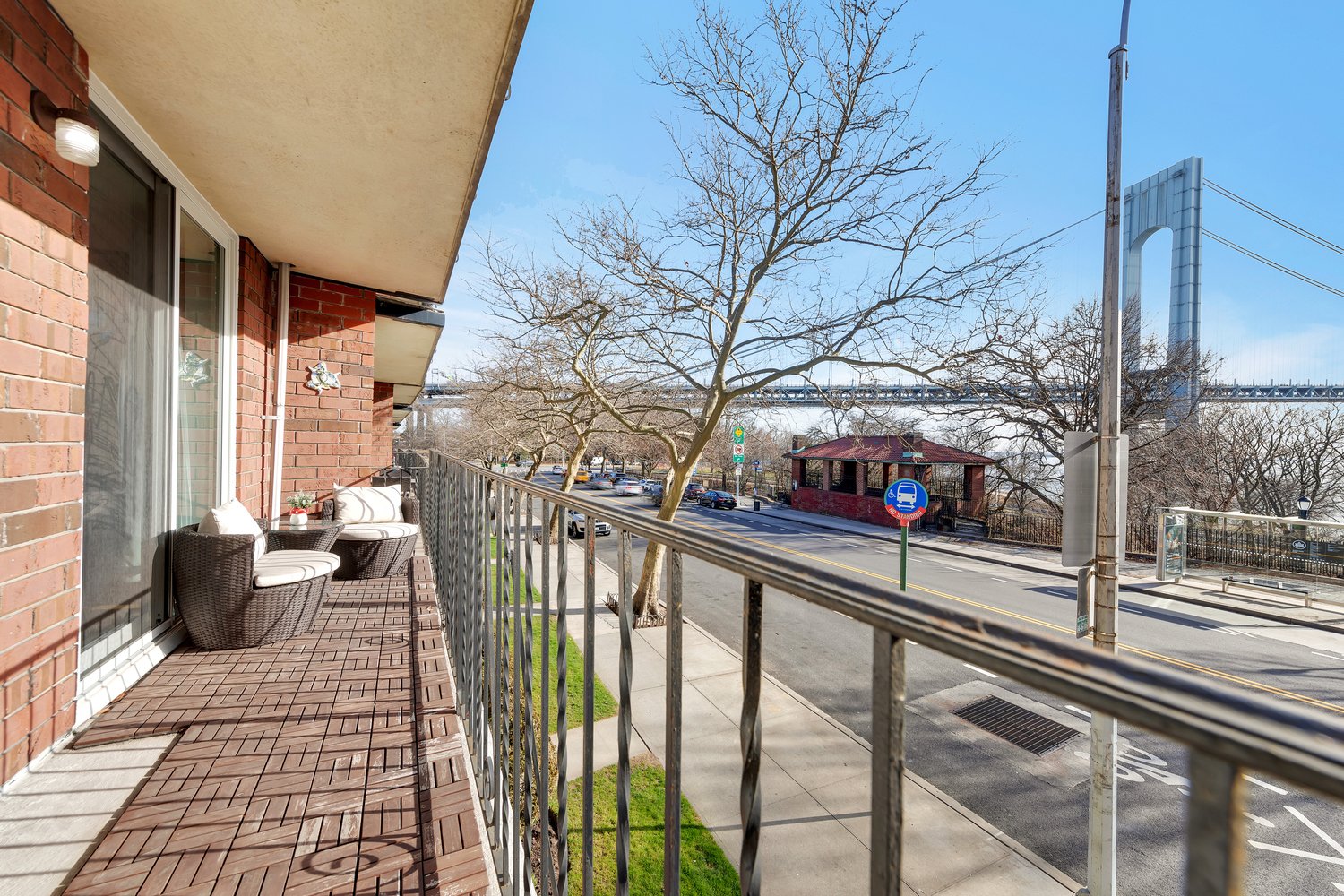 Balcony of a Shore Road co-op in Bay Ridge, Brooklyn with a view of the Verrazzano-Narrows Bridge