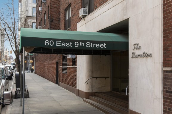Awning entrance to The Hamilton at 60 East 9th Street, a co-op building in Manhattan, New York